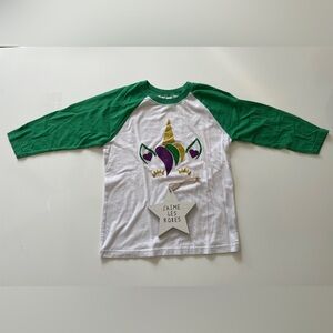 Next Level Apparel Kids Green and White Mardi Gras Unicorn Long Sleeve Tee